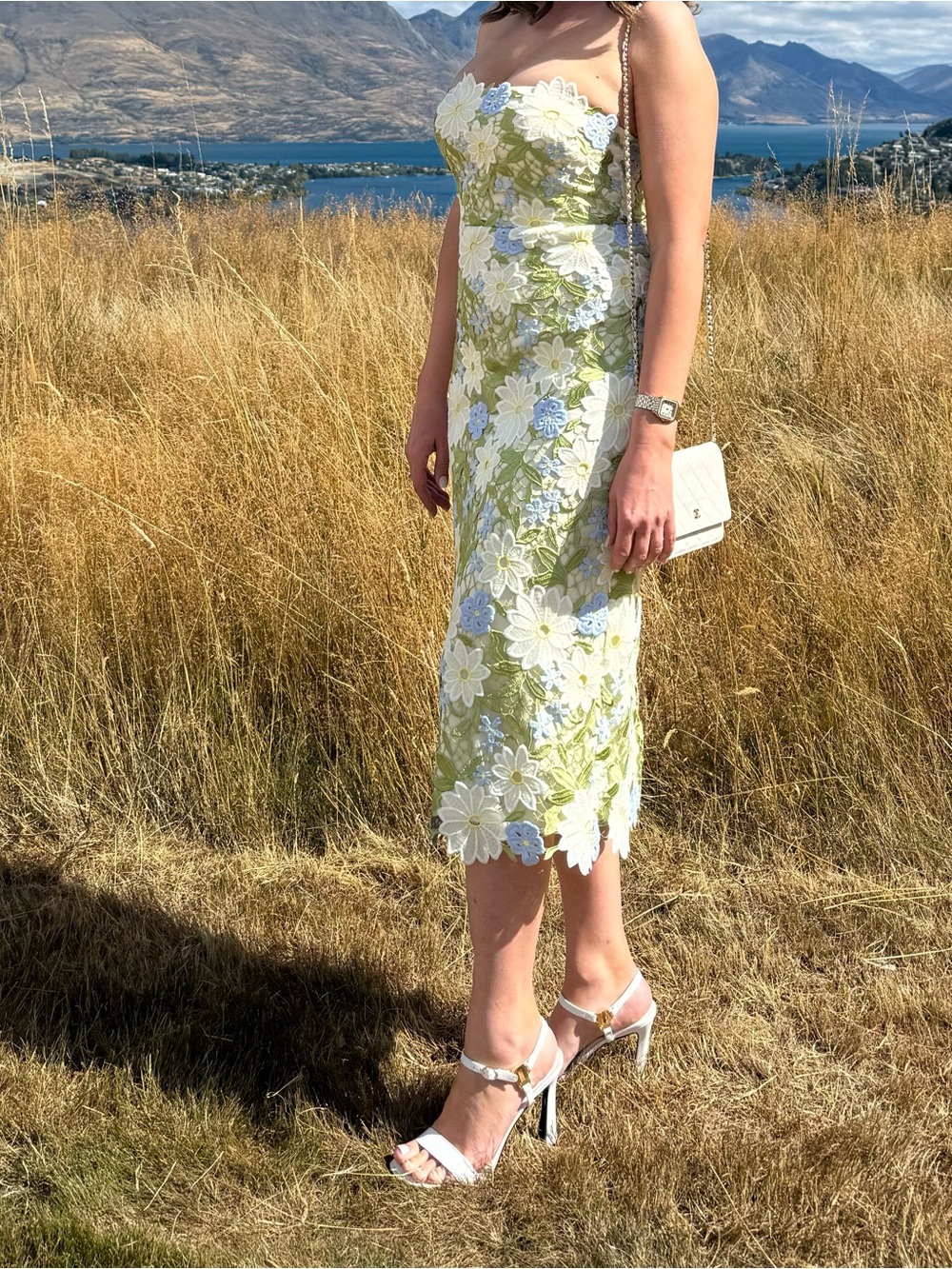 Green and White Floral Lace Midi Dress